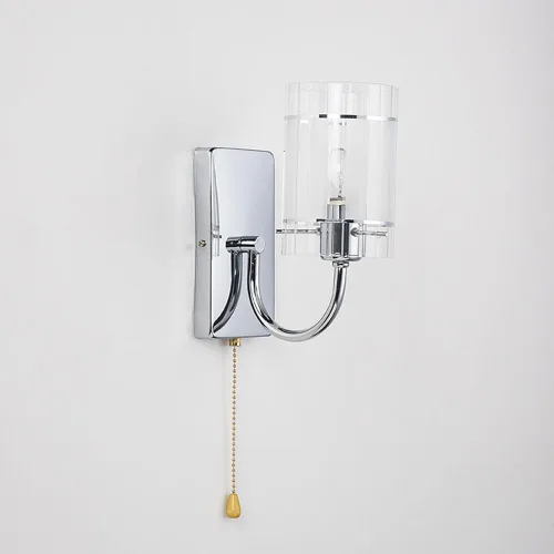 Vista 8 de Aplique de pared de vidrio transparente con interruptor de cadena de tracción, lámpara de tocador de baño cromada, cilíndrica, moderna, de mediados