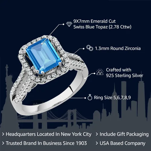 Vista 2 de Gem Stone King Anillo de compromiso de plata de ley 925 con topacio azul suizo para mujer