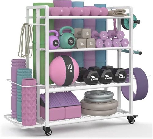 Vista 10 de 4-Tier Weight Rack for Home Gym with Wheels and Hooks