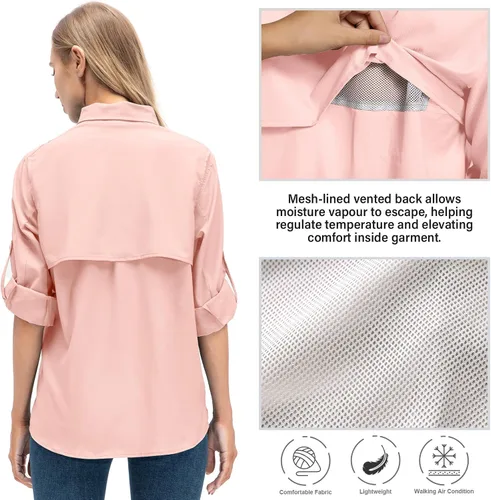 Vista 3 de Camisas de safari para mujer, manga larga, protección solar al aire libre, secado rápido, pesca, senderismo