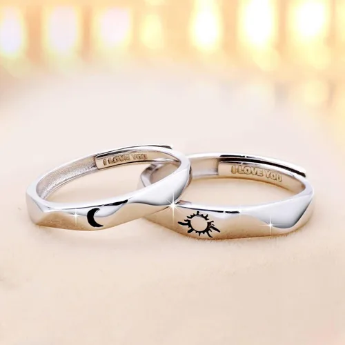Vista 4 de Beydodo Anillos de plata 925 personalizados ajustables con sol y luna a juego grabados I LOVE YOU Anillos para parejas Anillos de boda