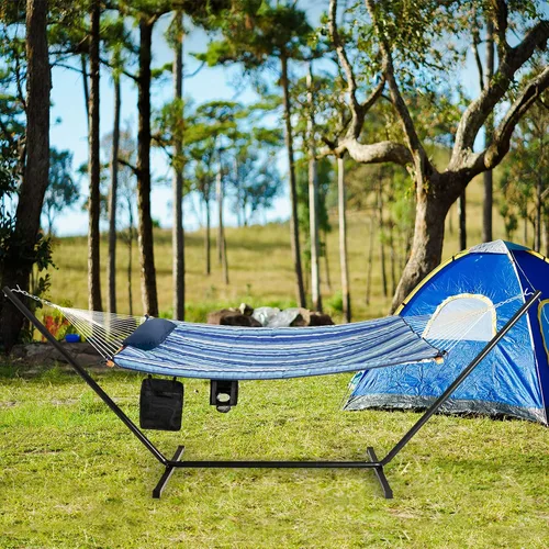 Vista 3 de Tangkula Hamaca doble con soporte, hamaca de acero para 2 personas de 12 pies con hamaca de algodón, almohada, portavasos, bolsa de transporte