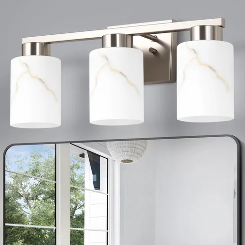 Vista 14 de Juego de 2 apliques de pared dorados con pantalla de vidrio de mármol, accesorios modernos de tocador de baño para dormitorio, pasillo, entrada