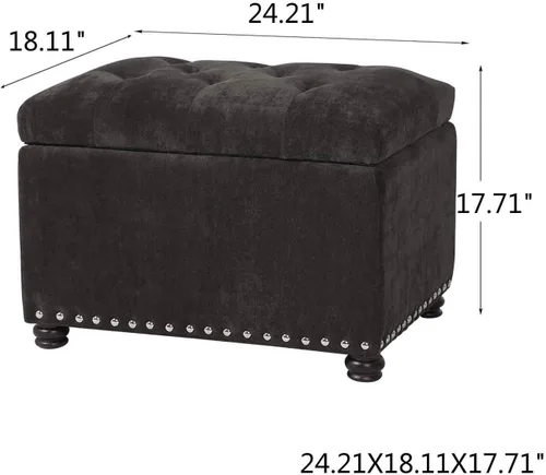 Vista 2 de Homebeez Banco otomano de almacenamiento copetudo, taburete de terciopelo con parte superior elevadora y ribete de cabeza de clavo (gris oscuro)