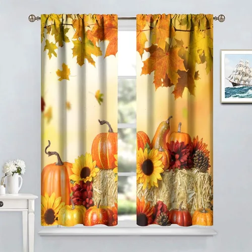 Vista 4 de Cortinas rústicas de calabazas de otoño, girasoles de otoño, cosecha de Acción de Gracias, granja, romántica, otoño, dormitorio, sala de estar