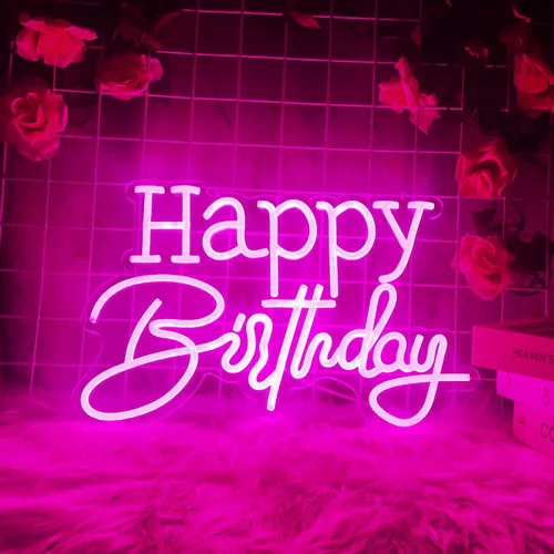 Vista 3 de Letrero de neón LED rosa de feliz cumpleaños, luz nocturna para decoración de pared, fiesta, dormitorio, habitación, bar, boda, hogar, cumpleaños