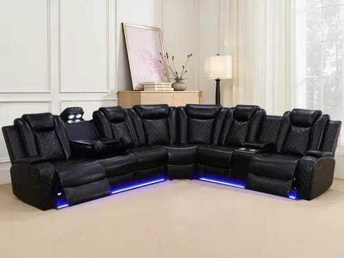 Vista 3 de Juegos de muebles de sala de Toseslo, juego de sofá reclinable eléctrico, seccional de 2 reclinables de cuero negro con luz LED, juegos modernos
