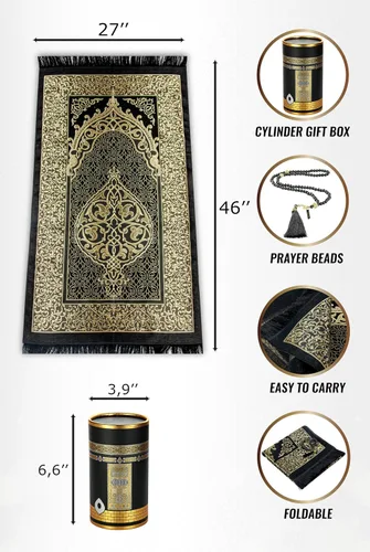 Vista 3 de ihvan online Alfombra de oración musulmana y cuentas de oración con caja de regalo cilíndrica de diseño elegante, Janamaz, suave sajadah, juego