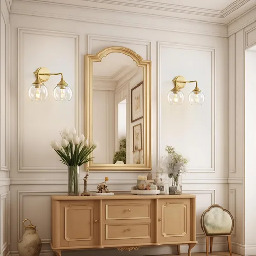 Vista 5 de Lámpara de Tocador de Baño Dorada con Pantalla de Vidrio Transparente, Base E26, Luminarias de Baño de 2 Luces Sobre Espejo, Luces de Tocador de 14