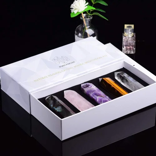 Vista 7 de Runyangshi Varitas de cristal curativo natural, 6 piedras facetadas de chakra de Reiki, varita de prisma facetada de un solo punto de cristal