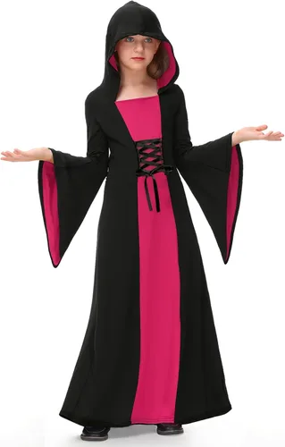 Vista 9 de BesserBay Disfraz de bruja para niñas, vestido de vampiro de Halloween de 5 Negro y Rojo Vestido