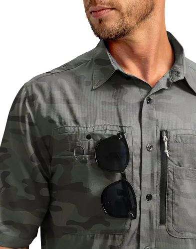 Vista 4 de Camisas de pesca para hombre con bolsillos con cremallera, UPF 50+, ligeras, frescas, de manga corta, con botones, para hombre, casual, senderismo
