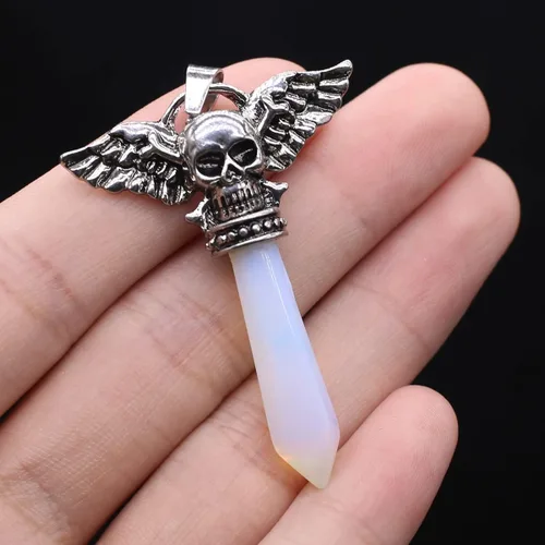 Vista 8 de LHJ 7 colgantes de piedra natural hexagonales puntiagudos chakras cristal ágata piedra cráneo ala diablo aleación diseño para hacer joyas collar