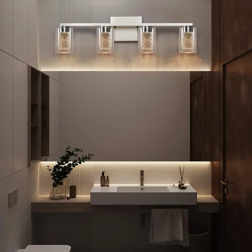 Vista 6 de SADENICEL Accesorios de iluminación de baño de 4 luces, níquel cepillado, LED regulable blanco/neutro/cálido, luces de tocador de baño de cristal
