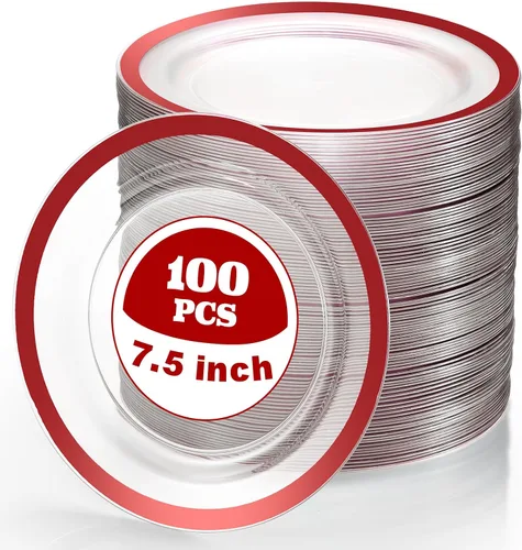 Vista 7 de Tanlade 100 platos de plástico negro transparente a granel de 7.5 pulgadas desechables de alta resistencia con borde rojo redondo ensalada postre
