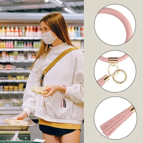 Vista 3 de Coolcos Llavero de piel, círculo grande con borla, para muñeca, brazalete, regalo para mujer