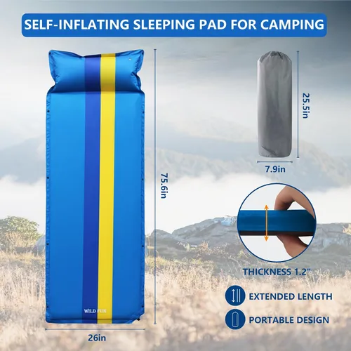 Vista 2 de WILD FUN Colchoneta de dormir para campamento, colchón de espuma viscoelástica con almohada, almohadilla de campamento autoinflable de 1.2 pulgadas