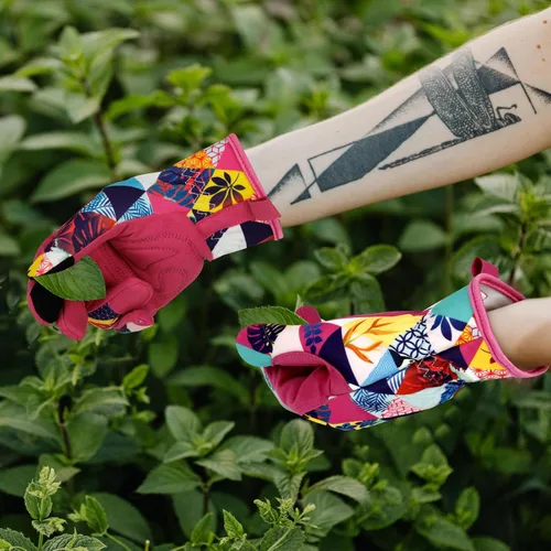 Vista 7 de Guantes de jardinería de cuero para mujer, guantes de jardín a prueba de espinas, diseño de pantalla táctil, guantes de trabajo resistentes
