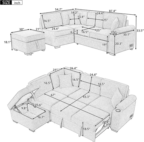 Vista 2 de Sofá cama modular con almacenamiento otomano, sofá cama extraíble con carga USB y portavasos, en forma de L, cómodos sofás para sala de estar, sofá