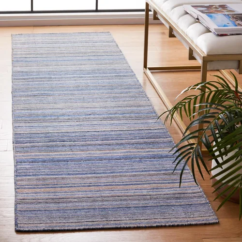 Vista 2 de SAFAVIEH Kilim Collection - Alfombra de pasillo de 2 pies 3 pulgadas x 9 pies, azul y amarillo, hecha a mano con rayas bohemias, ideal para zonas