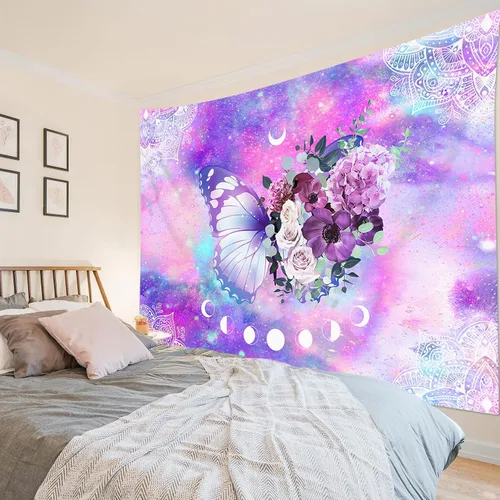 Vista 10 de HVEST Tapiz retro rojo de hongos para colgar en la pared, diseño floral rosa con fresa y mariposa en beige, tapiz para dormitorio, flores, plantas