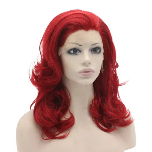 Vista 2 de Mxangel Peluca de cabello sintético rojo ondulado medio largo con encaje frontal para cosplay
