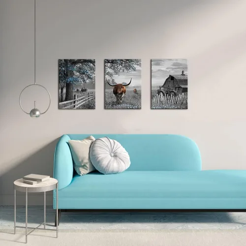 Vista 4 de yiijeah Decoración de pared occidental – Arte de pared rústico de 3 piezas de árbol azul y vaca marrón – Arte de pared blanco y negro para paredes