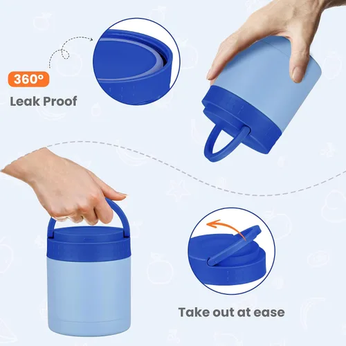 Vista 5 de HWONMTE Termo de sopa de 10.5 onzas para comida caliente, para niños y adultos, tarro de alimentos aislado con asa ancho de boca, recipientes de Azul