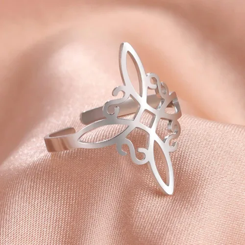 Vista 4 de UNIFT Anillo de nudo de bruja para mujer, de acero inoxidable, estilo geométrico, elegante, elegante, irlandés, nudo celta, ajustable, anillo