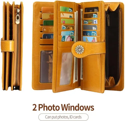 Vista 4 de CHANPINCL RFID - Carteras largas vintage para mujer seguras de gran capacidad de viaje con múltiples tarjetas Amarillo Clásico