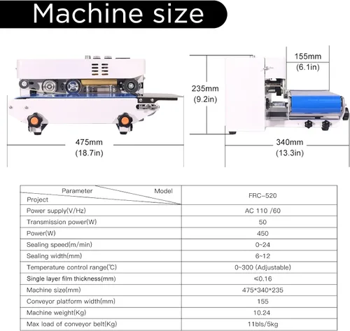 Vista 7 de Máquina selladora térmica comercial, máquina automática de sellado continuo de bandas de bolsas con control digital de temperatura, velocidad