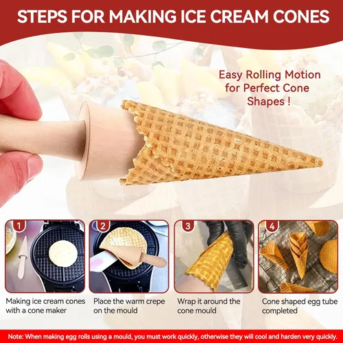 Vista 2 de Molde de cono de helado, molde de madera reutilizable para cuernos de crema de 9.1 pulgadas, rodillo de pizza para gofres para cocina, cocinar