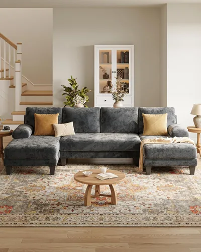 Vista 7 de Sofás seccionales en forma de U para sala de estar, sofá modular moderno de 112 pulgadas, sofá de felpilla gris oscuro con diván doble