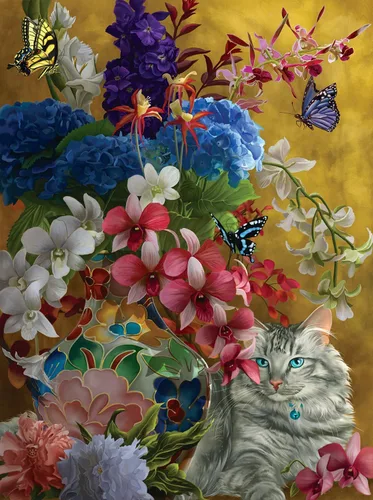 Vista 3 de SUNSOUT INC - Rompecabezas de 1000 piezas de gatos y flores doradas por artista: Nene Thomas - Tamaño acabado 20" x 27" - MPN # 67796