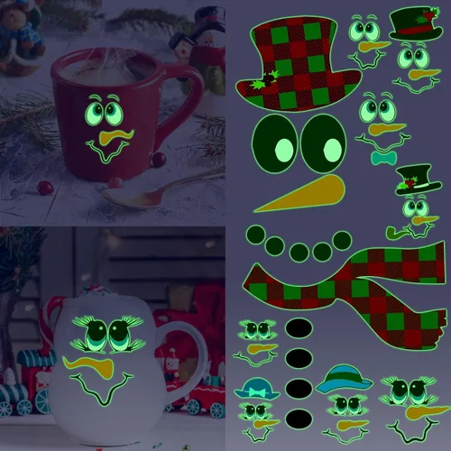 Vista 3 de Calcomanías de cara de muñeco de nieve para manualidades, calcomanías de Navidad que brillan en la oscuridad, decoraciones de muñeco de nieve