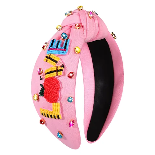 Vista 2 de boderier Diadema para profesores, libro de lápiz, diadema a cuadros, diadema de cristal con perlas anudadas para el regreso a la escuela, regalos