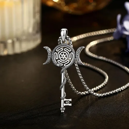 Vista 12 de EUDORA Collar de plata de ley 925 con moneda Hécate, Athena, Perséfono, Nyx, diosa de la luna triple, diosa celta, rueda de Hécate, llave, regalo