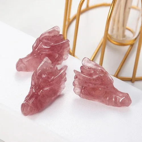 Vista 9 de Estatua de calavera de cabeza de dragón de bolsillo con piedra preciosa natural de cuarzo fresa, escultura de cabeza de dragón tallada con cristal