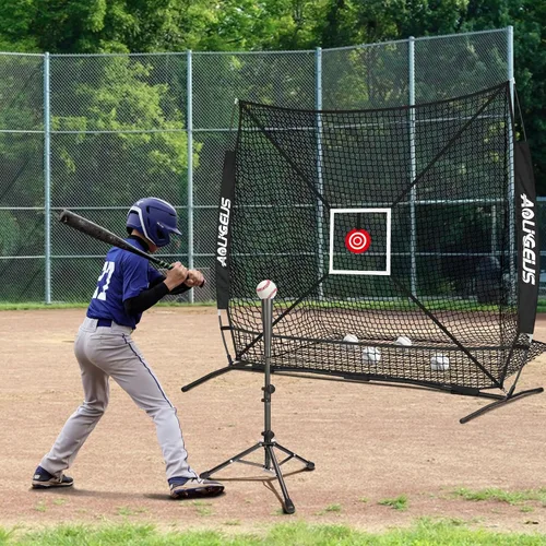 Vista 5 de Red de práctica de sóftbol de béisbol de 6 x 6 pies, red de lanzamiento, red de bateo, con zona de golpe de bonificación, objetivo y marco de arco