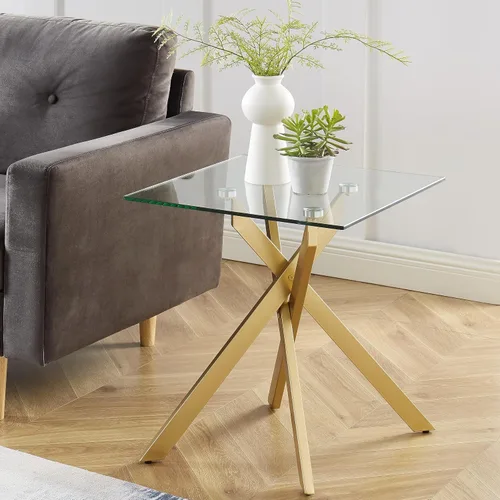Vista 8 de Edwin's Choice - Mesa auxiliar cuadrada de cristal negro con tapa de cristal templado gris y patas tubulares de metal negro con borde dorado 50,8 cm