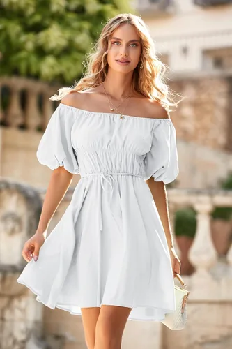 Vista 2 de PRETTYGARDEN Vestido babydoll con hombros descubiertos para mujer, manga corta abombada, casual, acampanado, con volantes, vestidos de verano