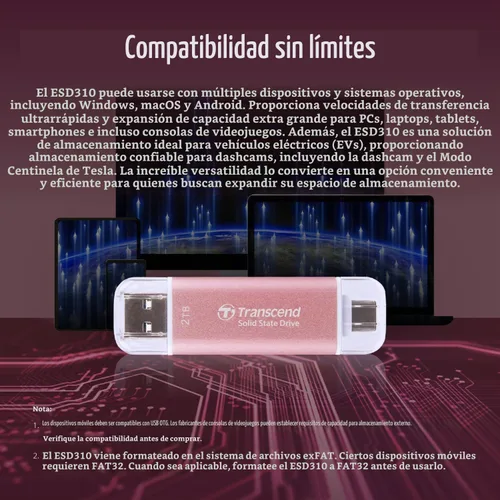 Vista 11 de Transcend SSD portátil dual ESD310 de 1 TB 1050MB/s USB-A+C, unidad de Rosa