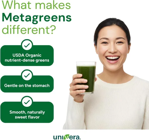 Vista 6 de Univera Metagreens, polvo de mezcla de superalimentos verdes, mezcla de batidos con espirulina orgánica, antioxidantes vitales, alcalinizar