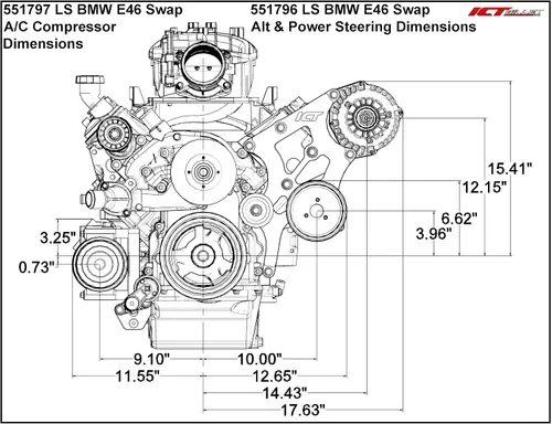 Vista 2 de LS Swap Kit: Alternador & Soportes de dirección asistida para Camaro LS1, GTO, LS2, BMW 330i E46 by ICT Billet