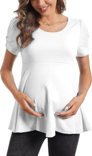 Vista 4 de Camisetas de maternidad para mujer, manga corta abombada, cuello redondo, ropa casual de embarazo