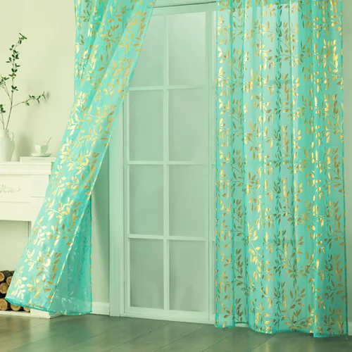 Vista 9 de Deeprove Cortinas traslúcidas color aguamarina y dorado de 63 pulgadas de largo, 2 paneles para decoración de dormitorio, cocina, decoración
