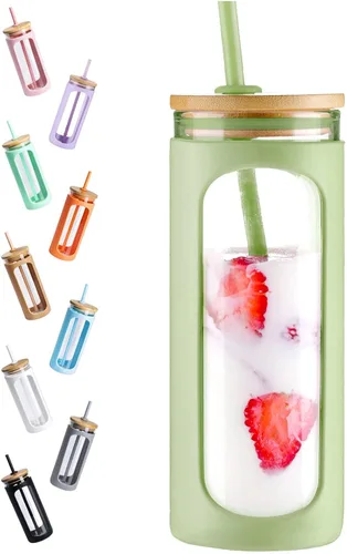 Vista 34 de Kodrine Vaso para agua de vidrio de 20 onzas con popote y tapa, botella de agua con tapas de bambú, taza para café helado, reutilizable, boca ancha