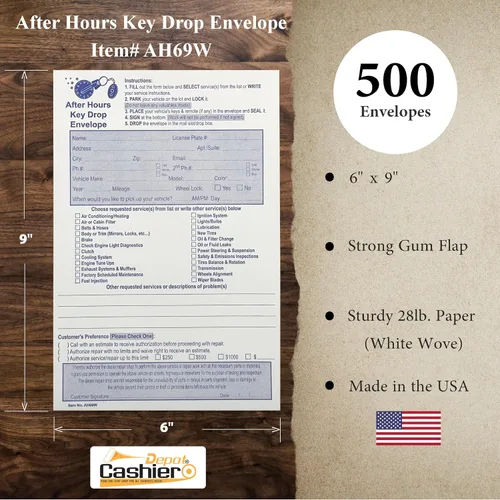 Vista 2 de 500 Cashier Depot - After Hours Key Drop Envelopes AH69W, 6" x 9", White 28lb Paper, Open End, Gum Flap, Night Drop Service Envelopes for Auto
