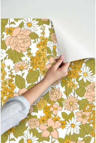 Vista 3 de Papel tapiz autoadhesivo para despegar y pegar, papel tapiz vintage de los años 70 con diseño floral retro bohemio, rosa y verde, papel tapiz