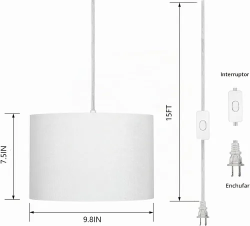 Vista 2 de ZSLAIFU Luz colgante enchufable de 15 pies con interruptor, luces colgantes con cable enchufable, lámpara colgante con control remoto, lámpara Blanco